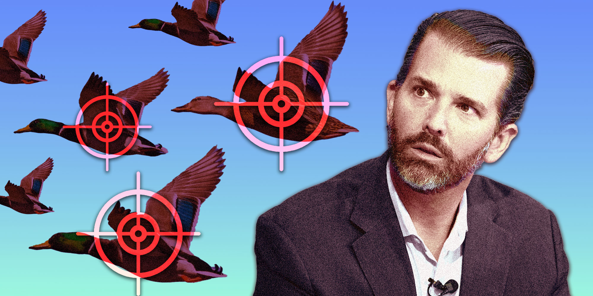 A photo of Donald trump Jr. next to flying ducks with hunting targets.