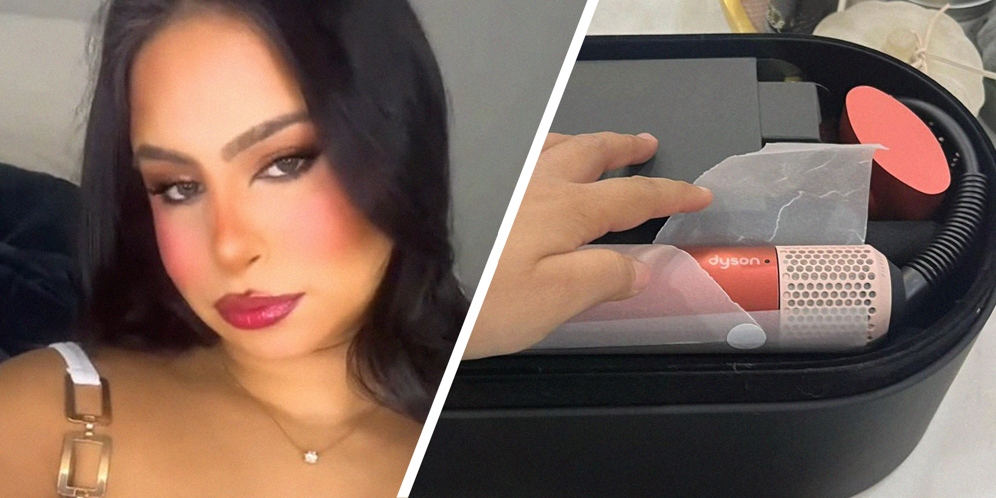 Two panel image of woman sharing how are new dyson products arrived