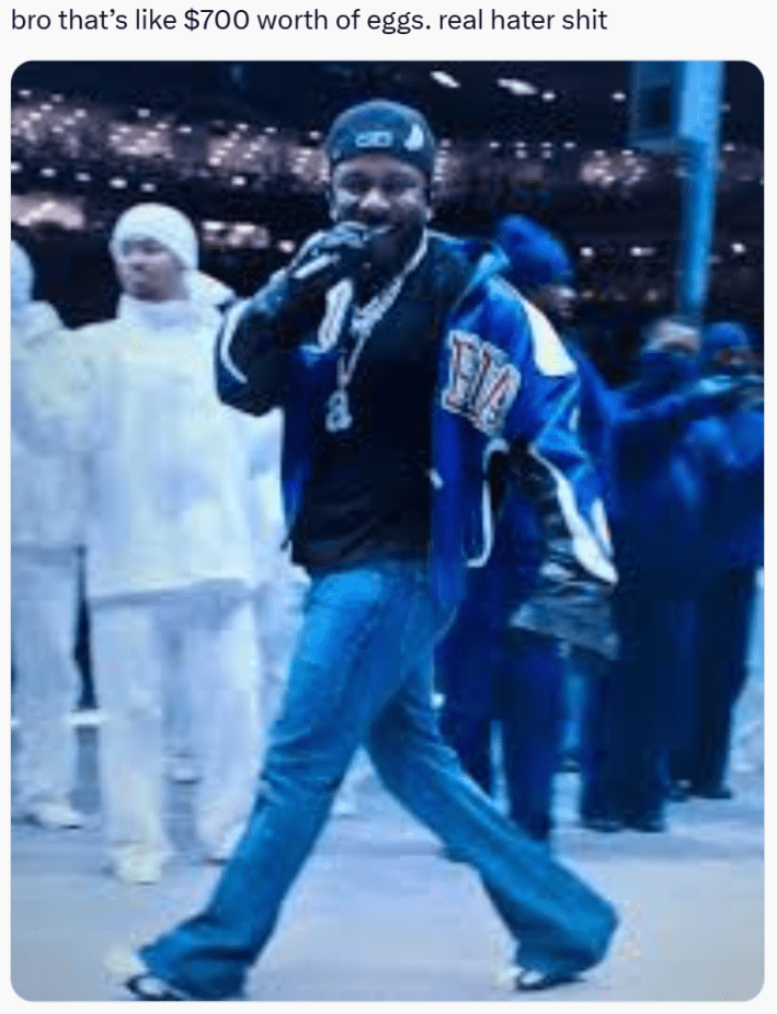 Response to people egging Cybertrucks in Brooklyn. Text reads, "bro that’s like $700 worth of eggs. real hater sh*t" with a photo of Kendrick Lamar smiling for the camera at the half time show.