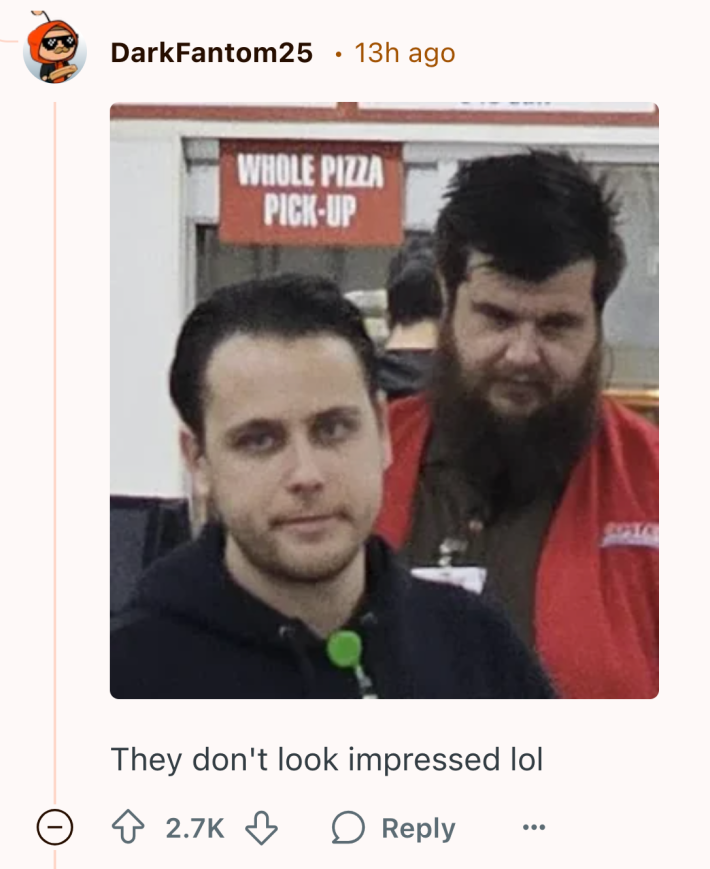 Reddit comment about Costco running out of eggs, text reads, "They don't look impressed lol" with a photo zoomed in of two disgruntled Costco workers.