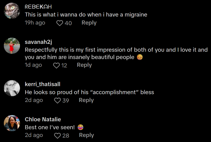 TikTok comments including one reading "Respectfully this is my first impression of both of you and I love it and you and him are insanely beautiful people."