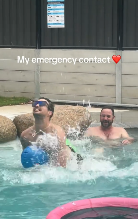 Emergency contact trend TikTok video showing a man struggling on a pool toy in the water.
