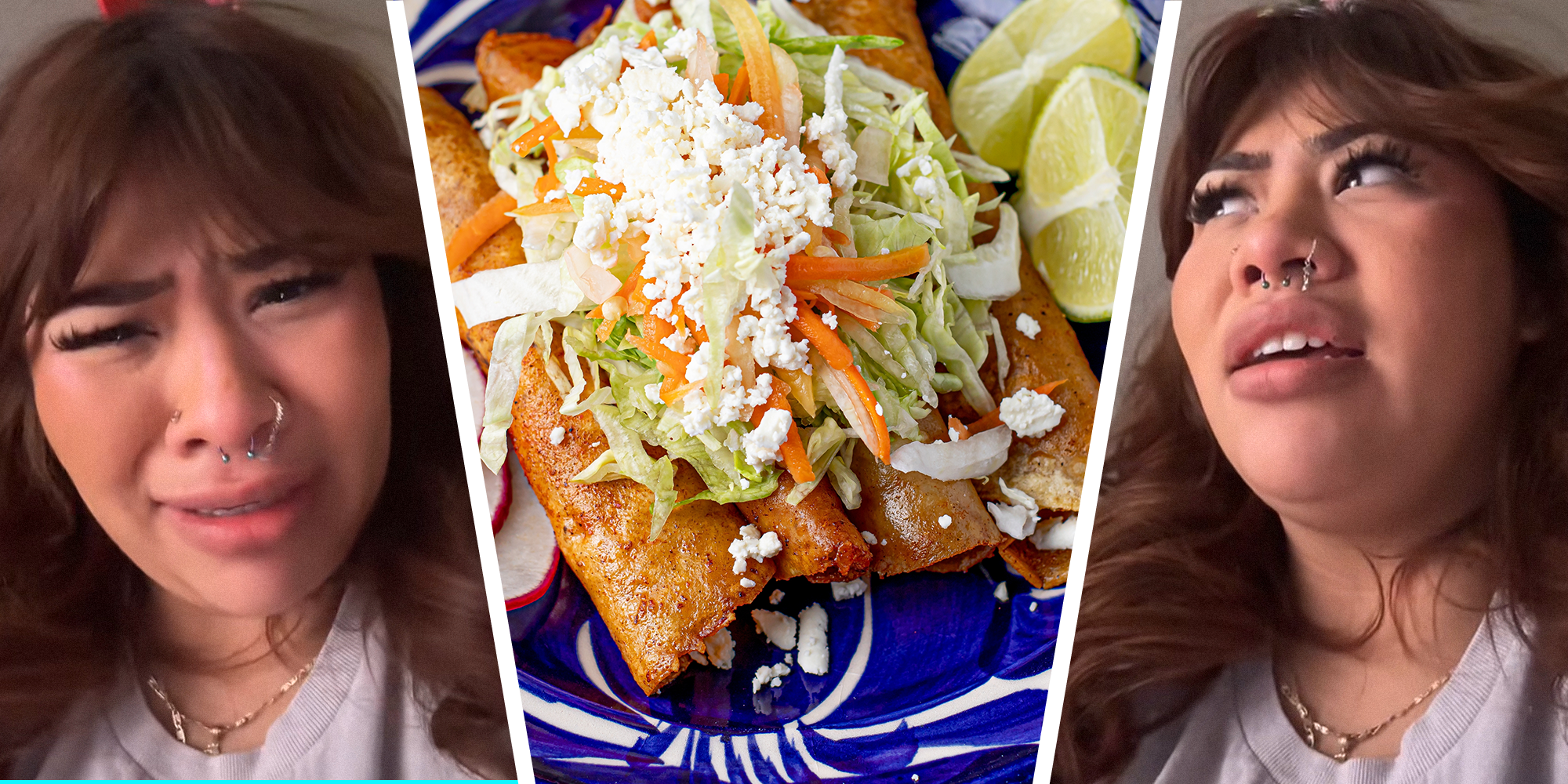 Woman with shocked and confused faces on left and right. Plated enchiladas with lime and cabbage in center.
