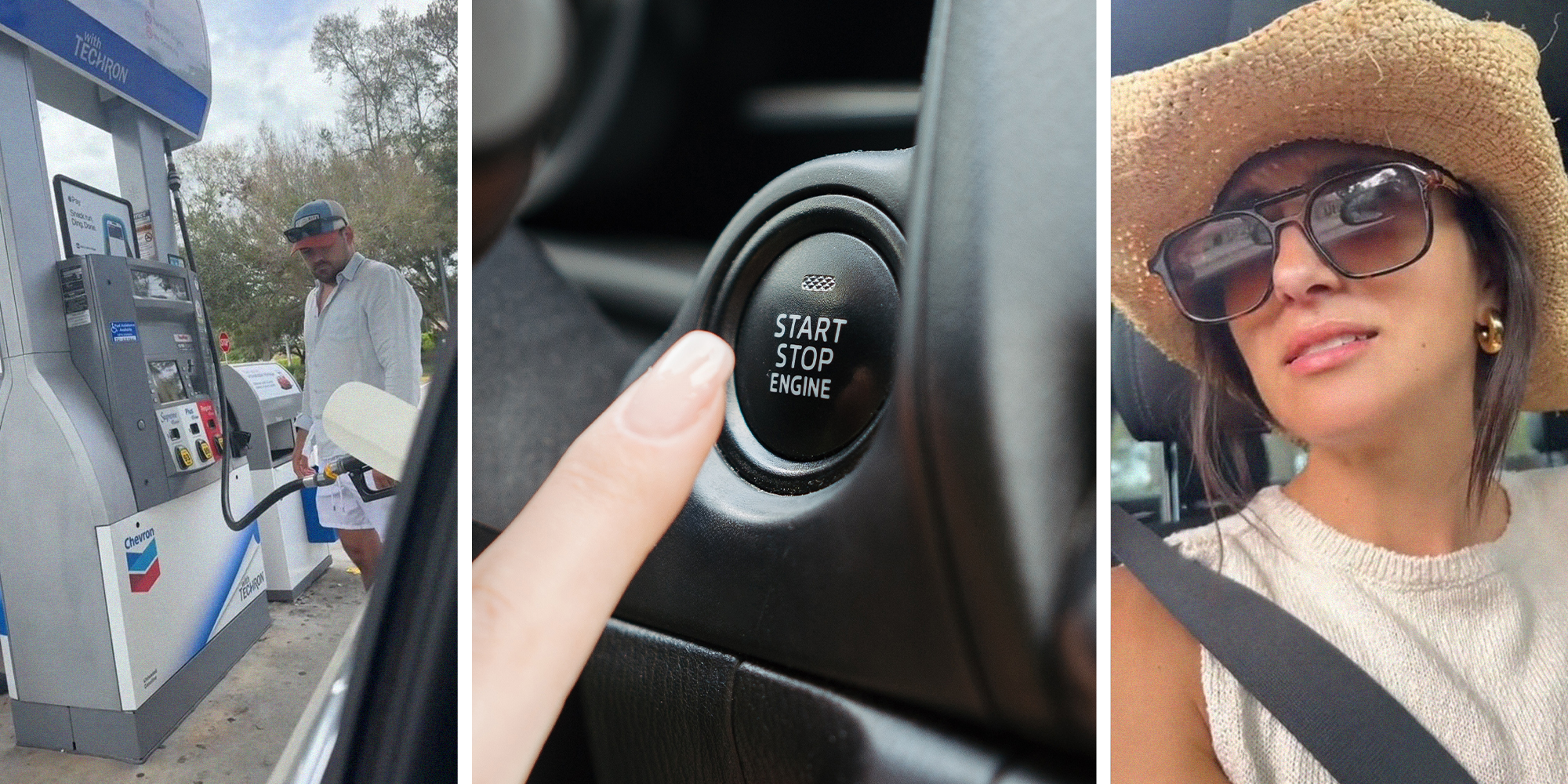 man pumping gas at gas station(l) Finger about to press push to start button on vehicle(c) Woman wearing a hat and sunglasses(r)
