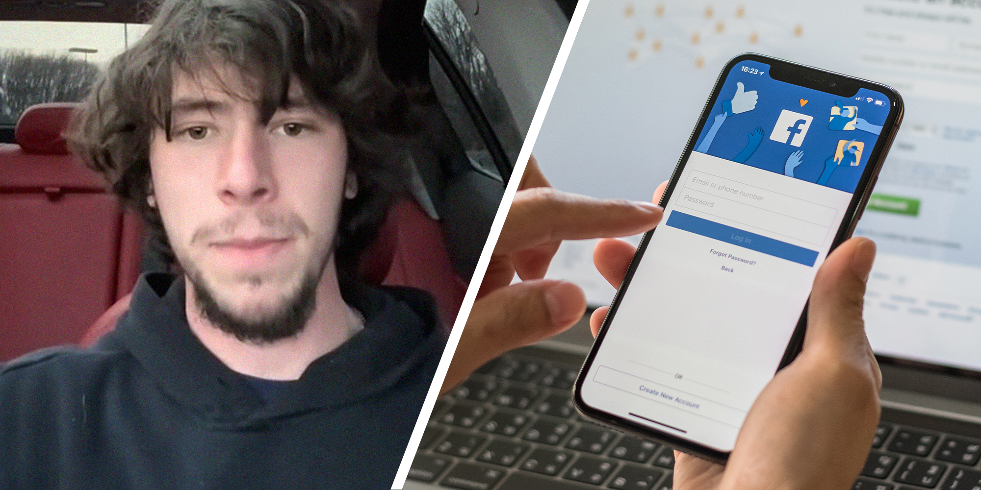man shares scam that happened to him(l) Facebook Marketplace app on phone display(r)