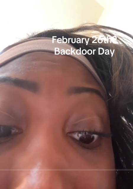 TikTok video with a close-up of a woman's face and a caption reading "February 26th? Backdoor day."