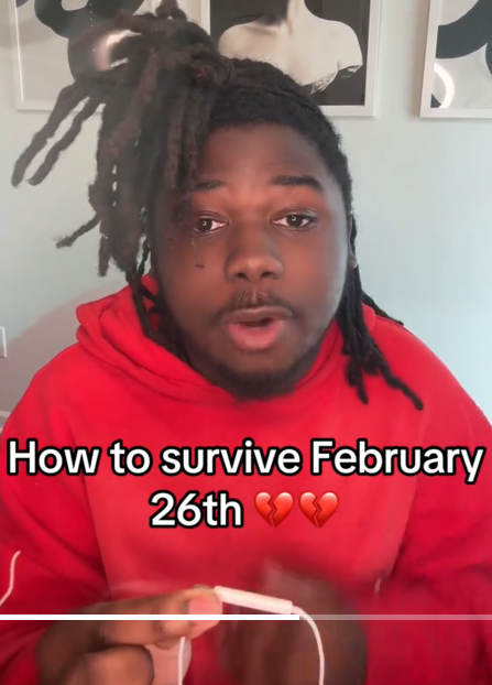 TikTok video of a man in a red hoodie speaking to the camera with a caption reading "How to survive February 26th."