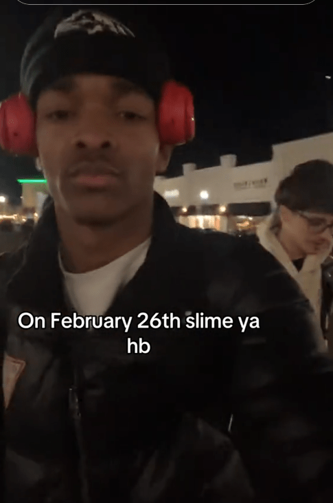 TikTok video of a man looking at the camera with a caption reading "On February 26 slime ya hb."
