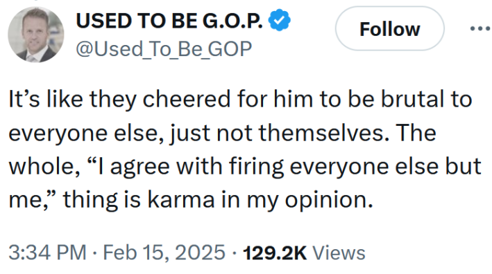 Tweet reading "It’s like they cheered for him to be brutal to everyone else, just not themselves. The whole, “I agree with firing everyone else but me,” thing is karma in my opinion."