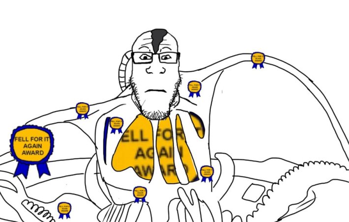 Fell for it again award meme drawn as a boss monster from Fallout.