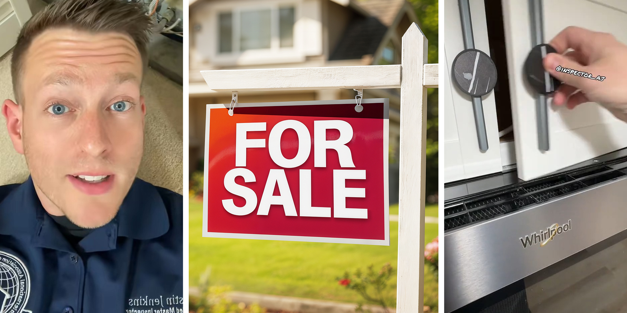 man shares what flipped houses repairs look like(l) For Sale Sign(c) Man opening cabinets(r)