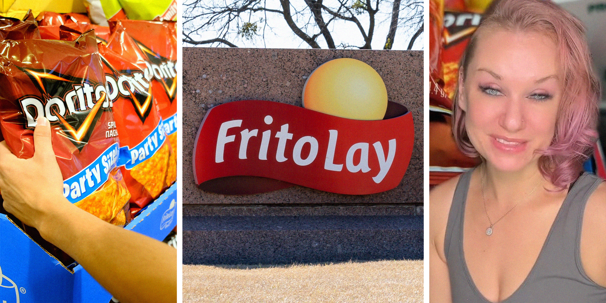 Person holding back of Doritos chips(l) Frito Lay Company logo(c) Woman with Pink Hair(r)