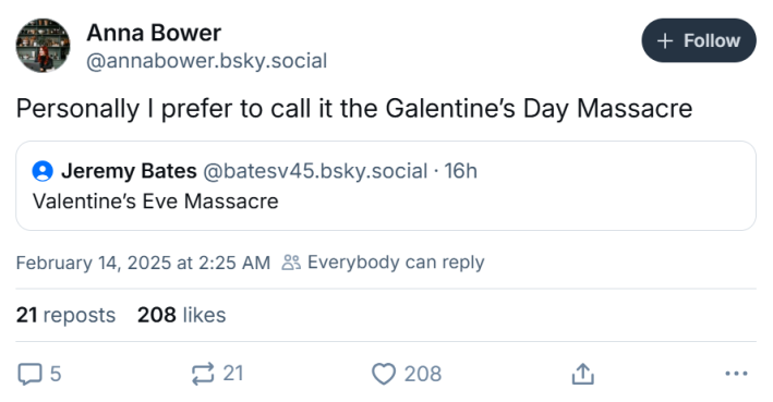galentine's day meme. Text reads, "Valentine’s Eve Massacre" and the person quote-reposting wrote, "Personally I prefer to call it the Galentine’s Day Massacre"