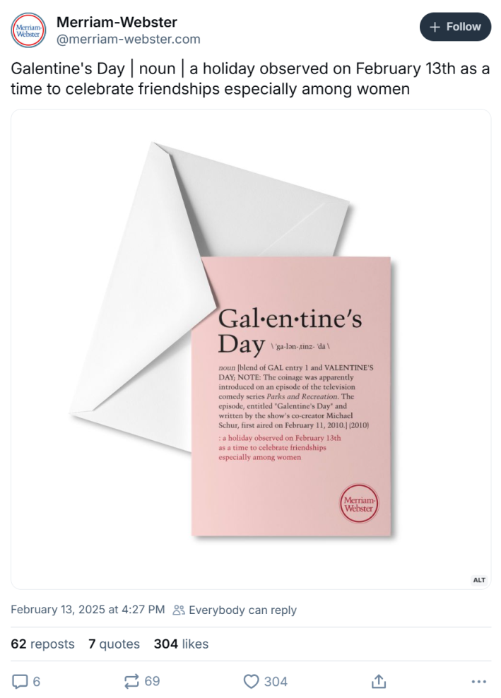galentine's day meme from Merriam-Webster Dictionary showing a Hallmark-style card with the definition of Galentine's Day on the front.