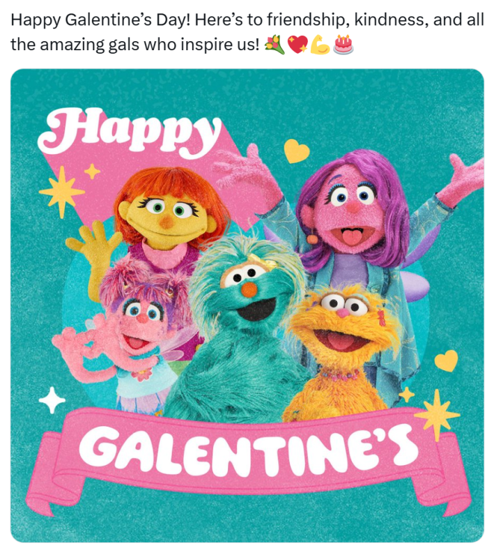 galentine's day meme. Text reads, "Happy Galentine’s Day! Here’s to friendship, kindness, and all the amazing gals who inspire us!" with five female Sesame Street puppets in a pixelated graphic.