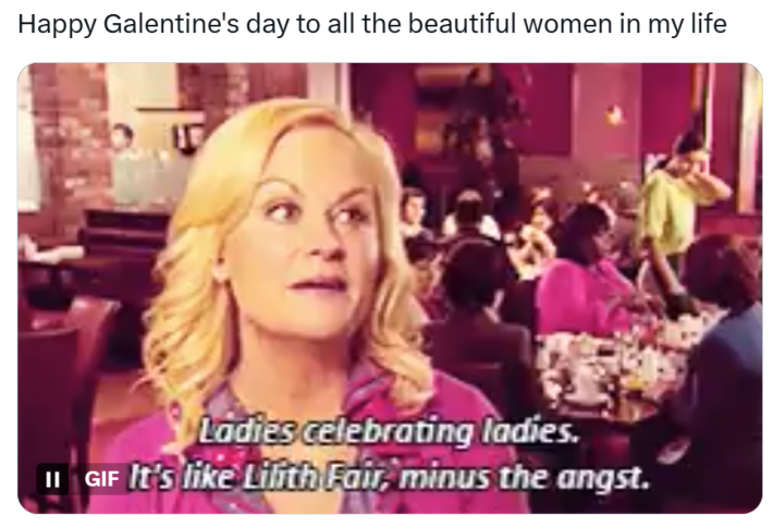 galentine's day meme. Text reads, "Happy Galentine's day to all the beautiful women in my life" with a GIF of Leslie Knope from Parks & Rec.