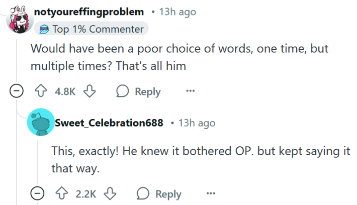 Reddit comment reading "Would have been a poor choice of words, one time, but multiple times? That's all him" and a reply reading "This, exactly! He knew it bothered OP. but kept saying it that way."