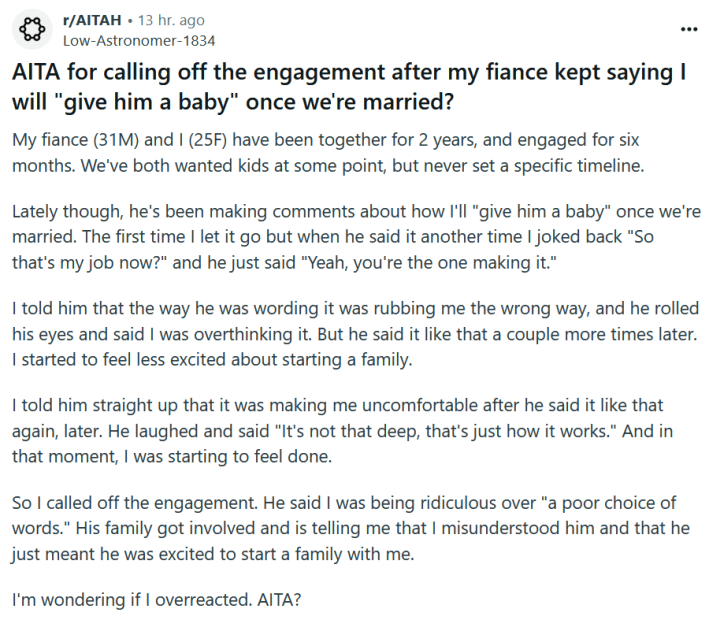 Reddit post titled "AITA for calling off the engagement after my fiance kept saying I will "give him a baby" once we're married?"