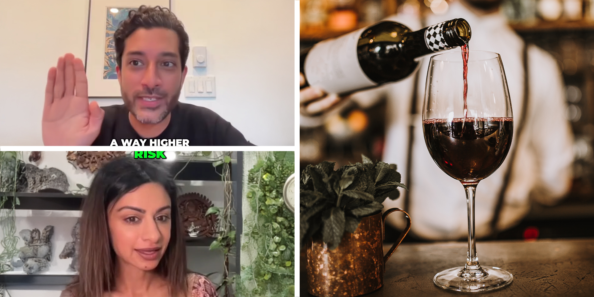 Man raising his hands up(UL) Woman sharing information about wine(LL) Man pouring wine on glass cup(r)