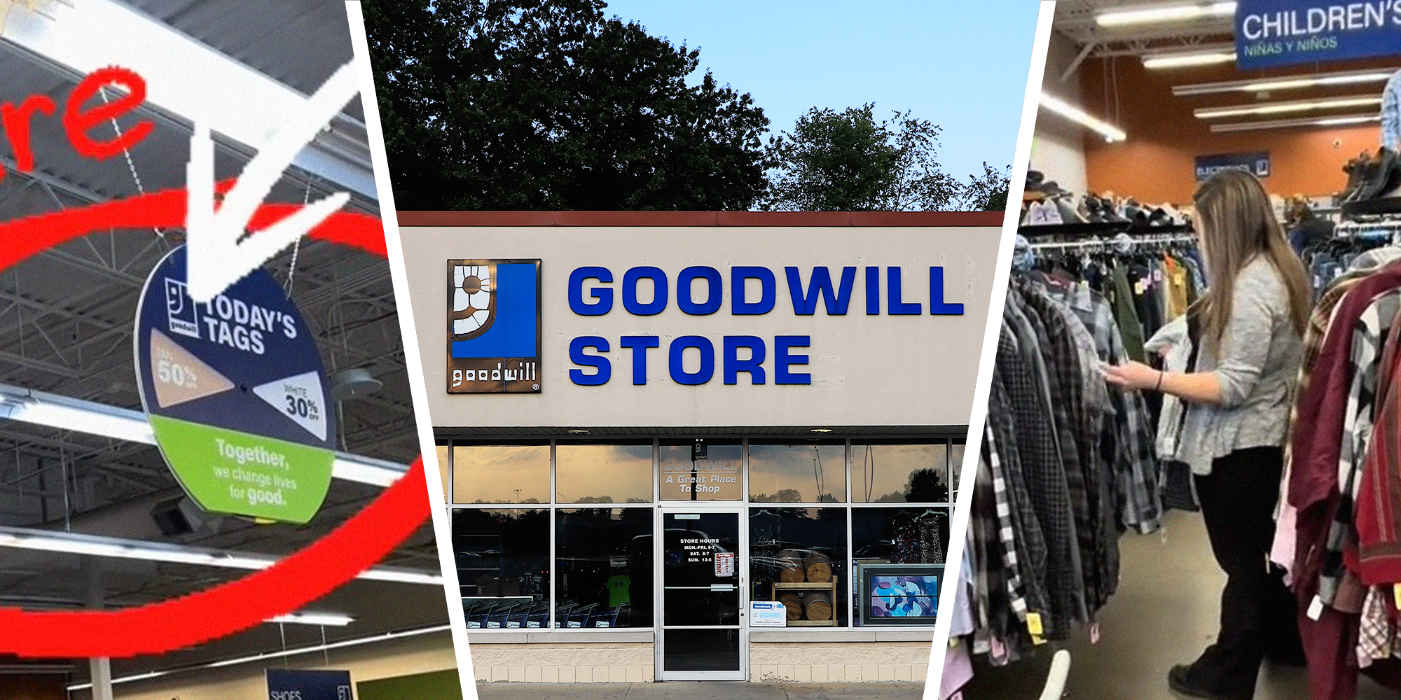 GoodWill Sign marked(l) GoodWill Store Front(c) Woman checking clothing rack(r)