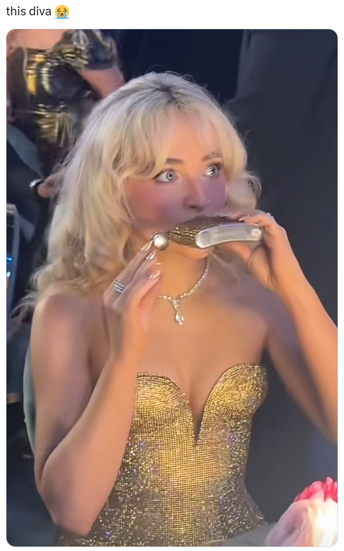 Grammys meme, text reads, "this diva (sob emoji)" with a photo of Sabrina Carpenter sneaking a shot from her bedazzled flask.