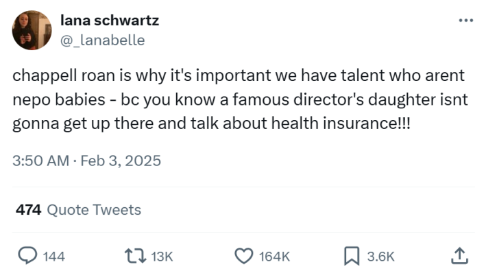 Grammys meme, text reads, "chappell roan is why it's important we have talent who arent nepo babies - bc you know a famous director's daughter isnt gonna get up there and talk about health insurance!!!"