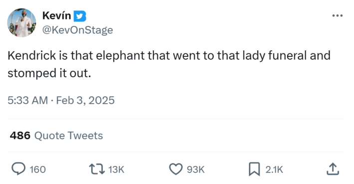 Grammys meme, text reads, "Kendrick is that elephant that went to that lady funeral and stomped it out."