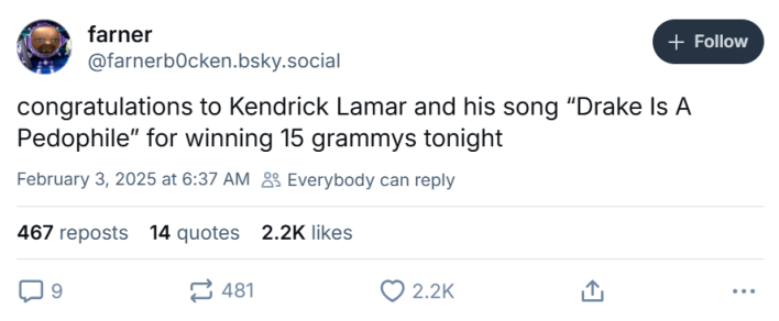 Grammys meme, text reads, "congratulations to Kendrick Lamar and his song 'Drake Is A Pedophile' for winning 15 grammys tonight"