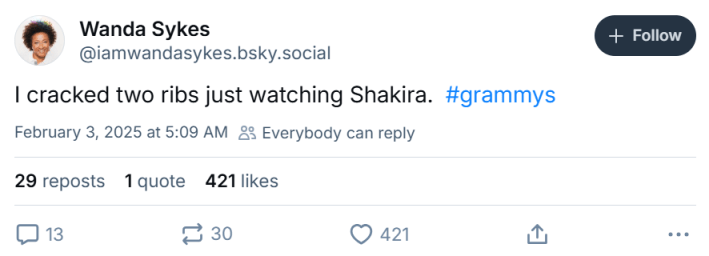 Grammys meme, text reads, "I cracked two ribs just watching Shakira. #grammys"