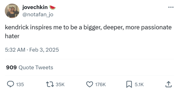 Grammys meme, text reads, "kendrick inspires me to be a bigger, deeper, more passionate hater"