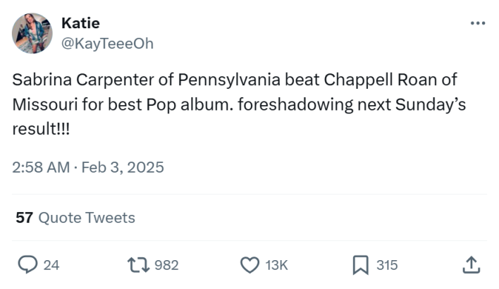 Grammys meme, text reads, "Sabrina Carpenter of Pennsylvania beat Chappell Roan of Missouri for best Pop album. foreshadowing next Sunday’s result!!!"