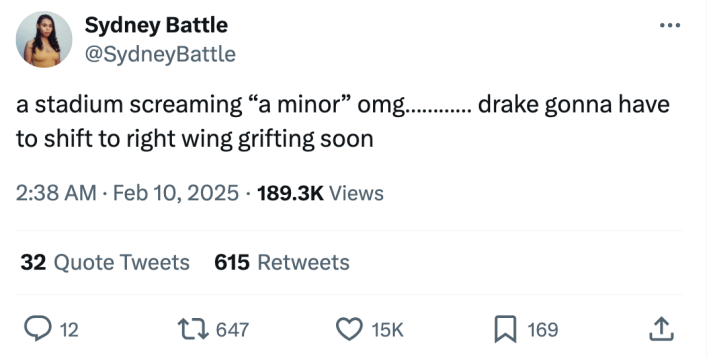 Super bowl half time show meme, text reads, "a stadium screaming 'a minor' omg………… drake gonna have to shift to right wing grifting soon"