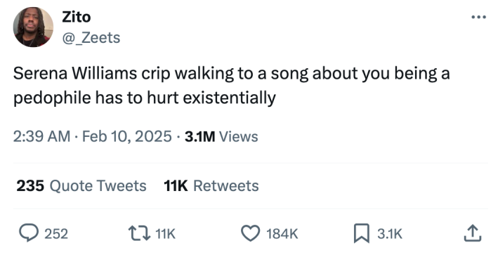 Super bowl half time show meme, text reads, "Serena Williams crip walking to a song about you being a pedophile has to hurt existentially"