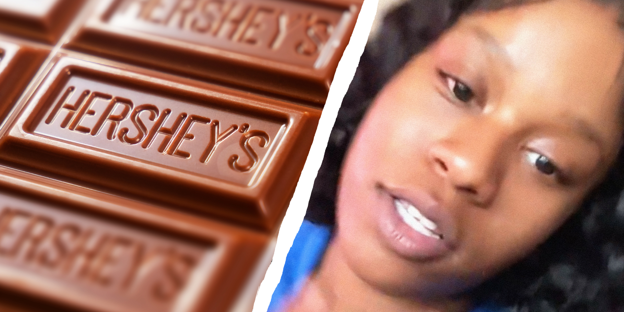 2 panel image. On the left is a close up of a Hershey's chocolate bar. On the right is a person.