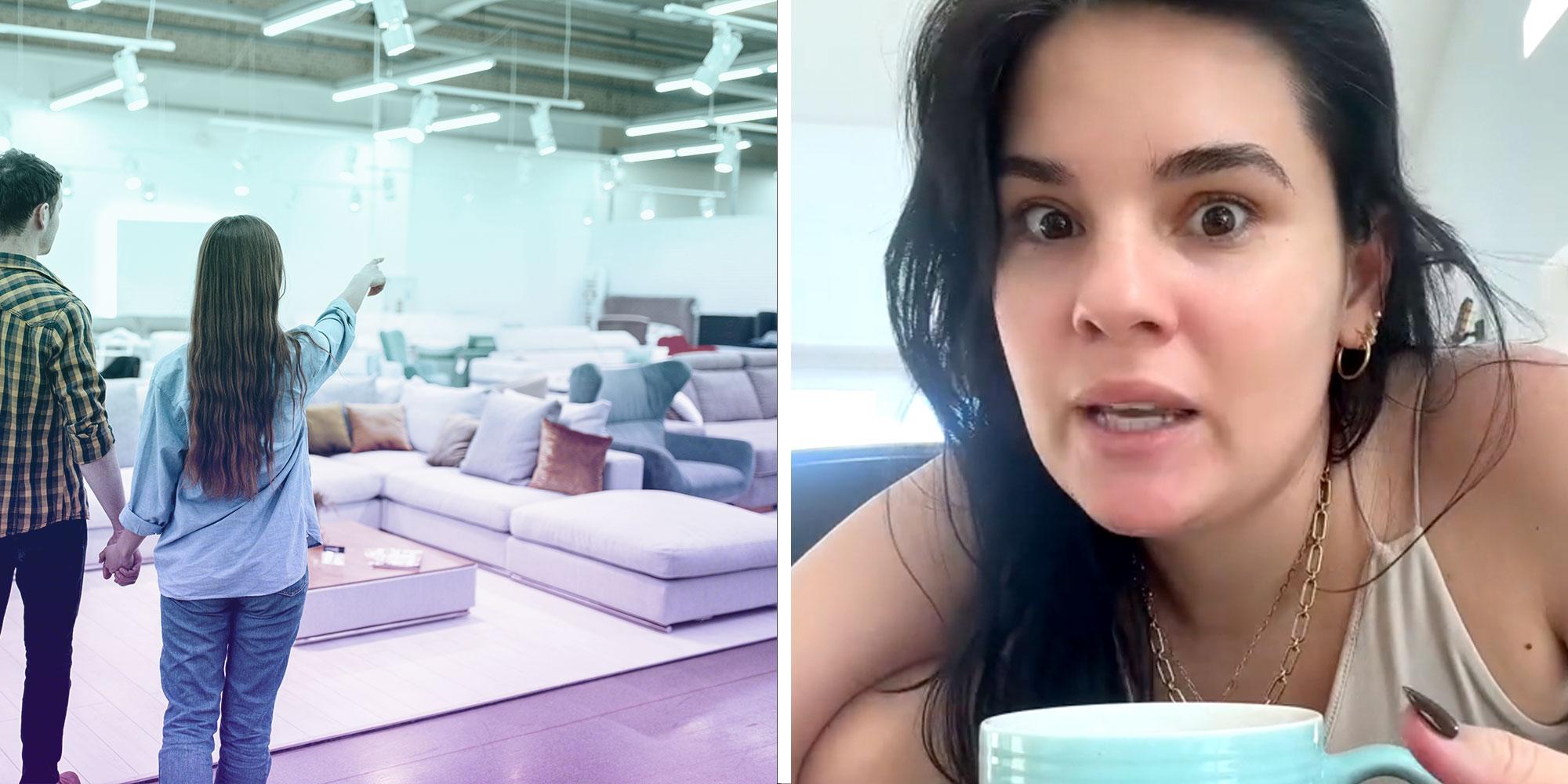A photo of a couple in a furniture showroom; A screenshot of Tiktok user @reheatedcoffeeclub