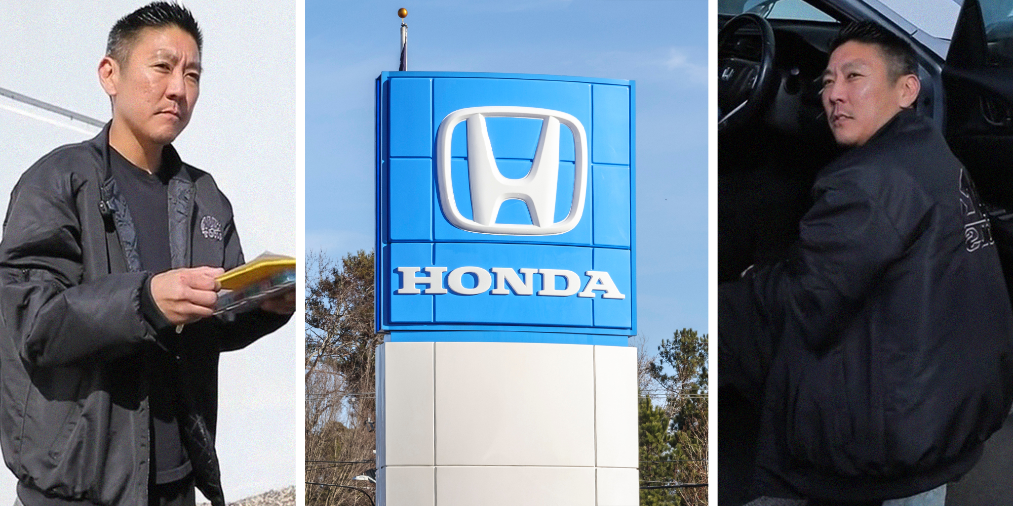 Mechanic holding car documents(l) Honda Dealer Sign(c) Mechanic checking vehicle fuse box(r)