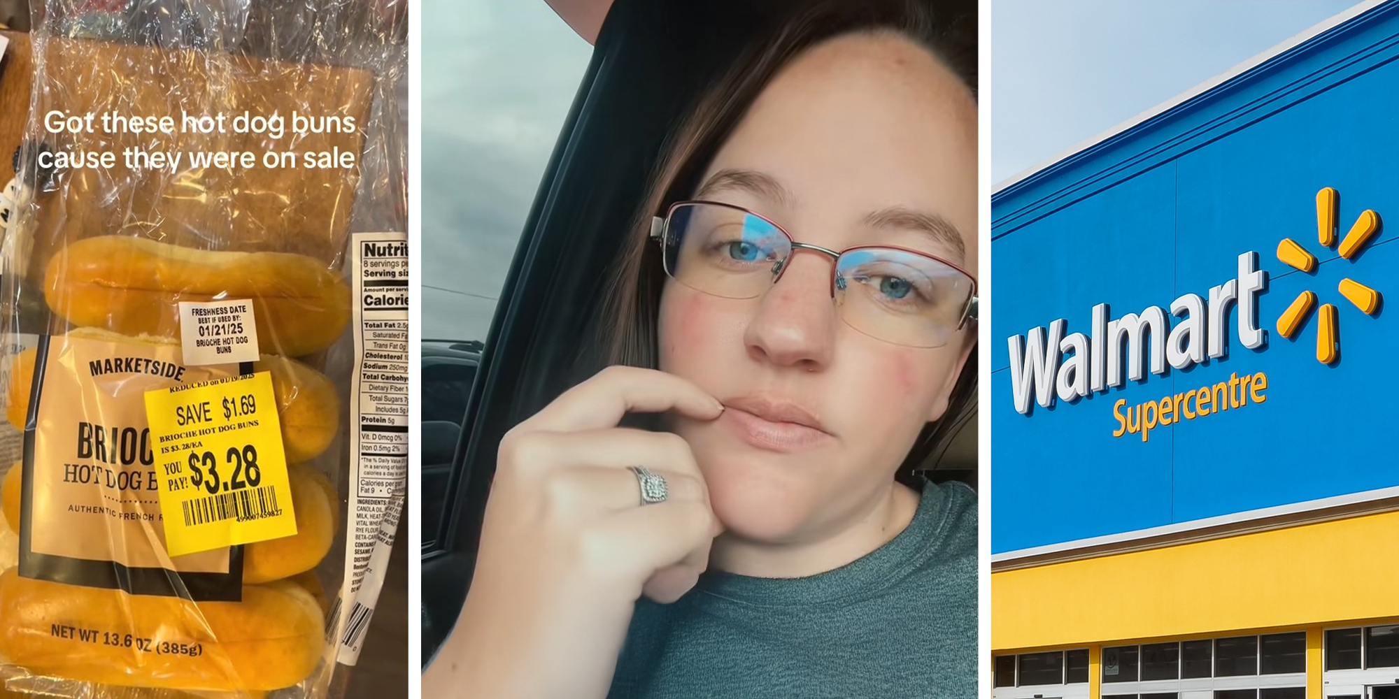 walmart hotdog buns(l) Woman shares what she bought at walmart(c) Walmart Store Front(c)