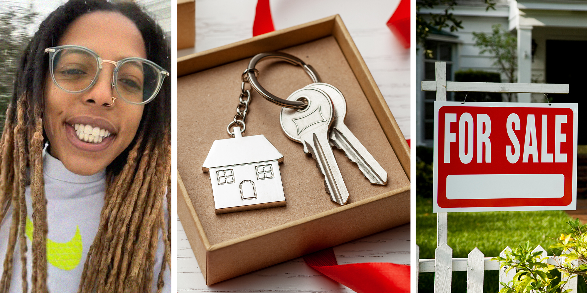 woman smiling(l) Gift box with keys and keychain of a house(c) For sale Sign Infront of house(r)