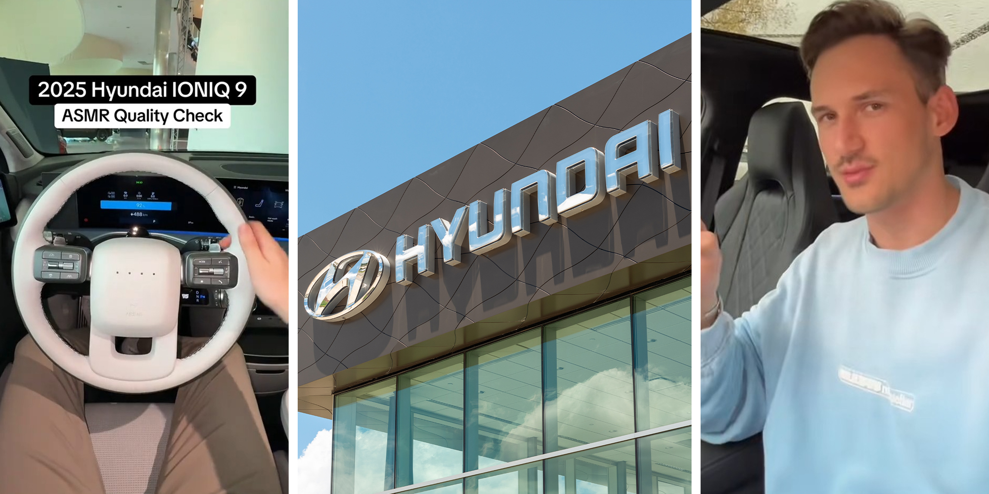 Hyundai Ioniq 9 steering wheel(l) Hyundai dealership(c) Man reviews the new Hyundai Ioniq 9