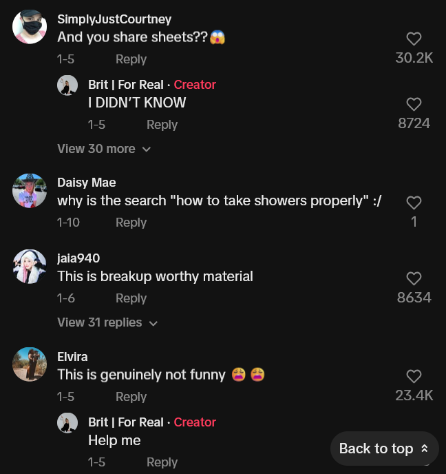 Husband's shower routine TikTok video comments including one reading "And you share sheets??"