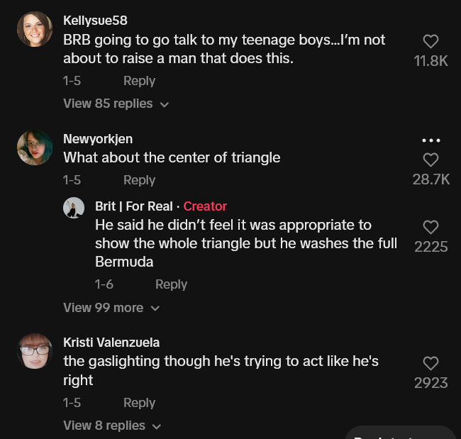 Husband's shower routine TikTok video comments including one reading "BRB going to go talk to my teenage boys…I’m not about to raise a man that does this."