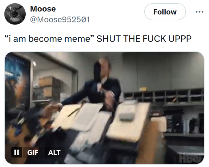 "I am become meme" tweet with a gif of Jimmy Kimmel flipping a desk over.