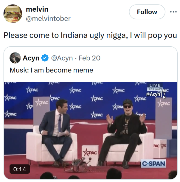 Tweet reading "Please come to Indiana ugly nigga, I will pop you."