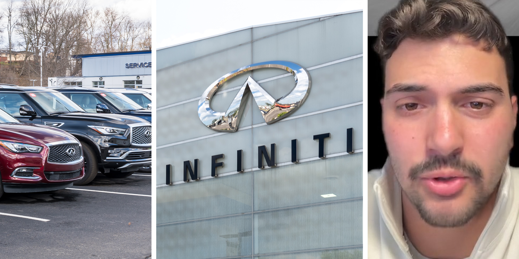 infiniti vehicles in car lot(l) Infiniti dealer sign(c) Man shares which infiniti vehicles are being discontinued(r)