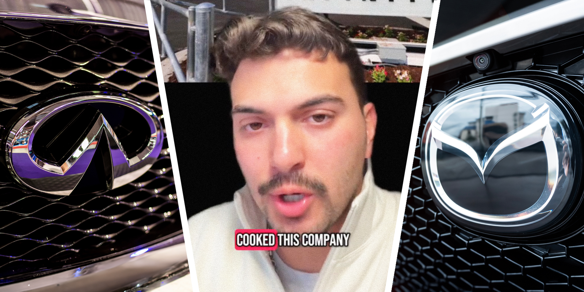 3 panel image: left panel is the Infiniti logo, middle panel a person explains, and right panel is the Mazda logo.