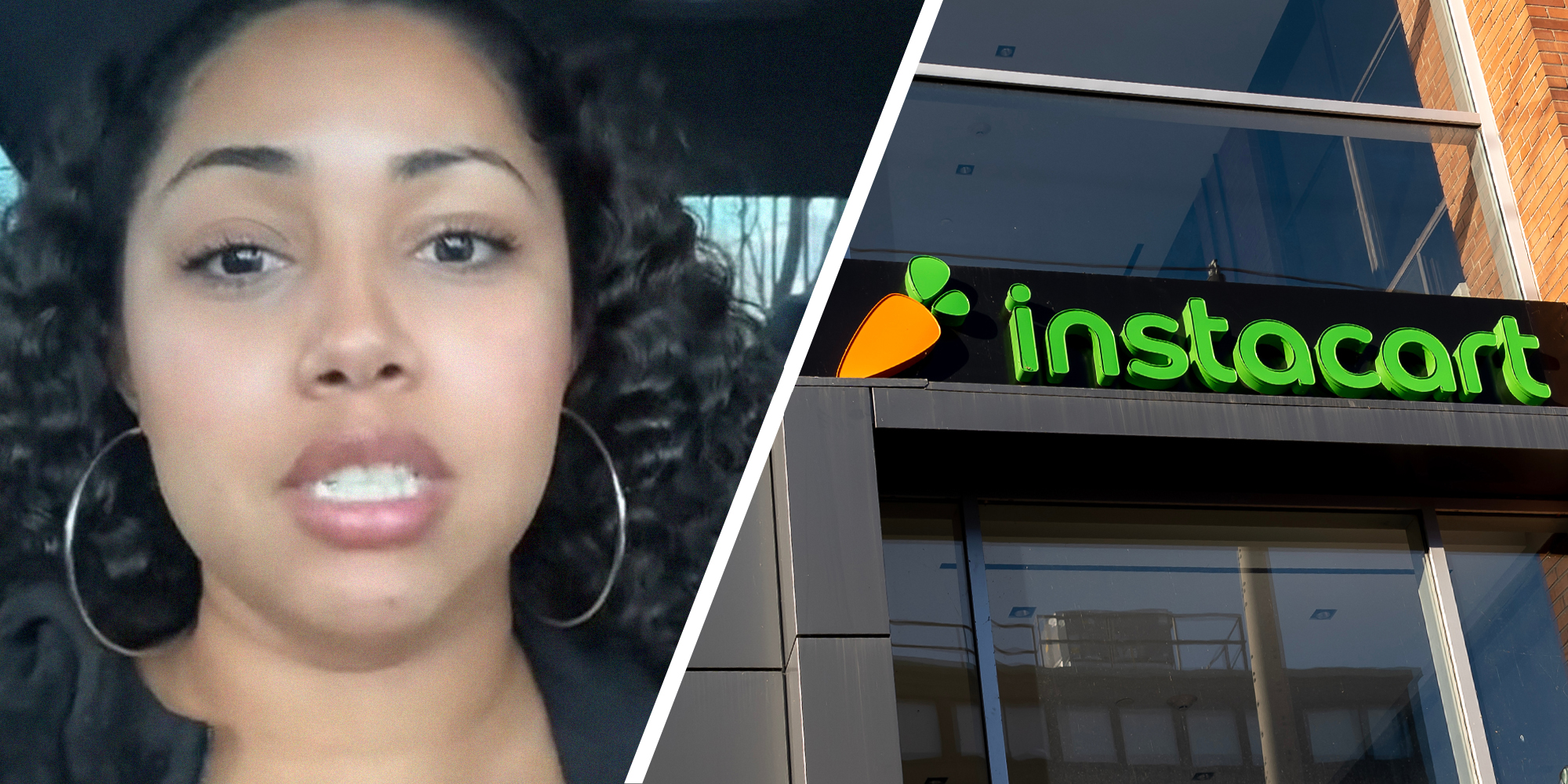 woman shares why she stays with items(l) Instacart sign on building(r)