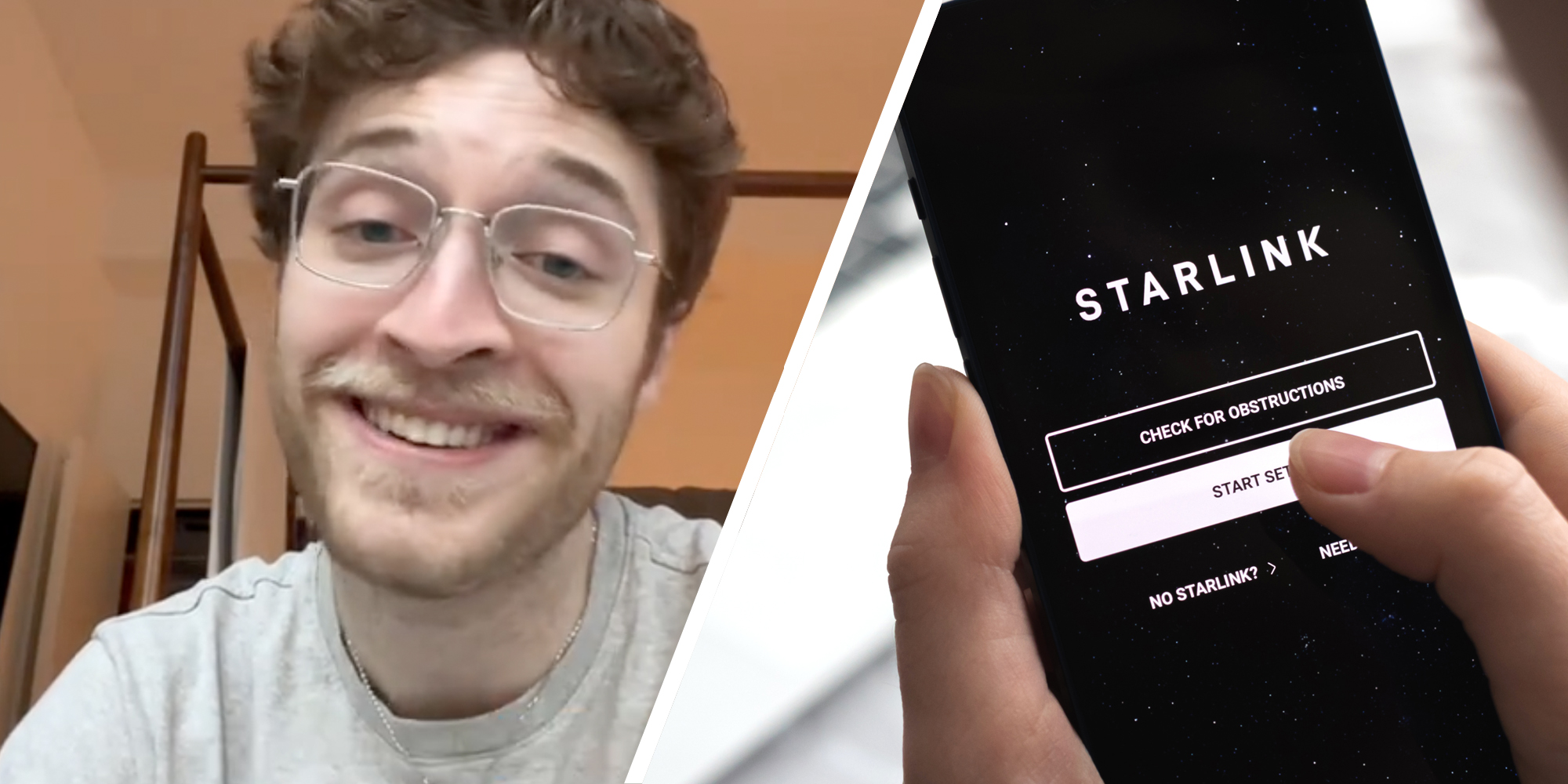 Man talking(l), Iphone with starlink app(r)