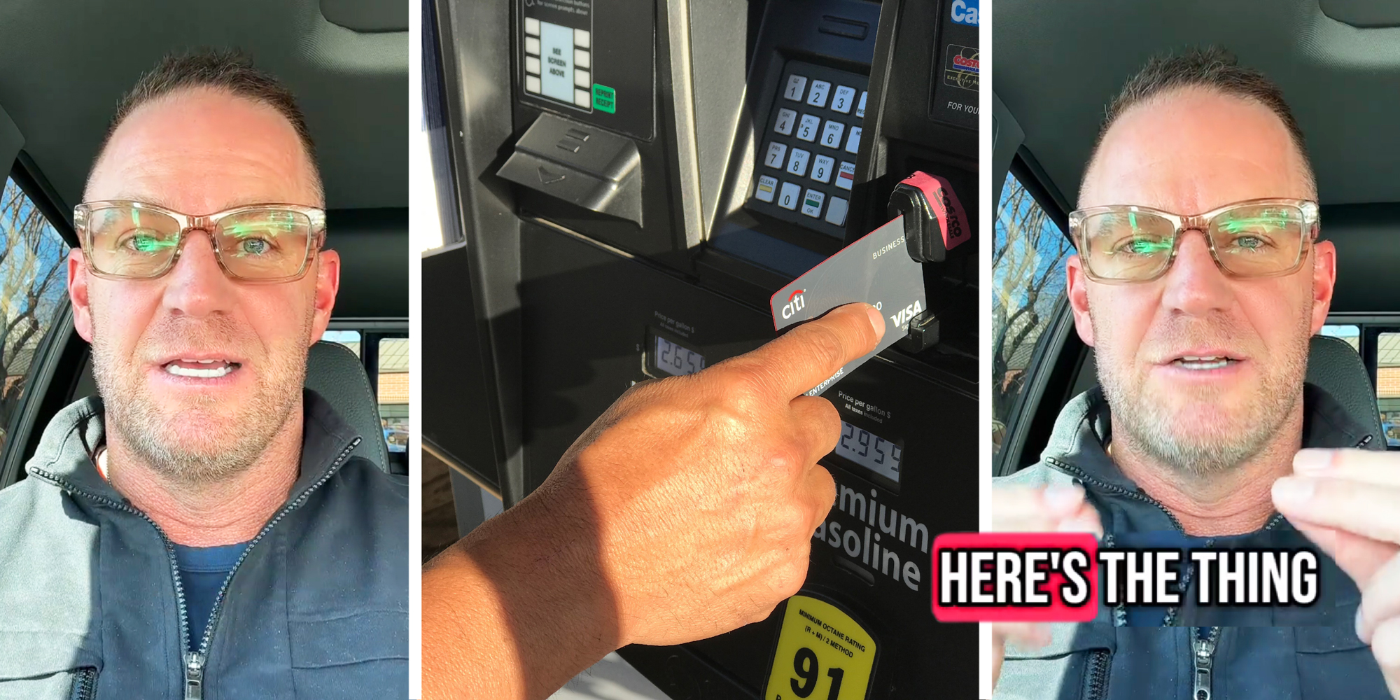 3 panel image: in the middle a person slides a card into a gas pump, and on the sides a person explains.