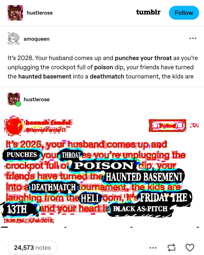 It’s 2028. Your husband comes up and punches your throat as you’re unplugging the crockpot full of poison dip, your friends have turned the haunted basement into a deathmatch tournament, the kids are