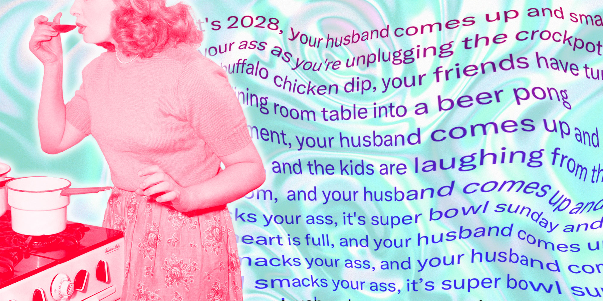 Photo of a woman hovering over an oven with a tasting spoon with a warped tweet behind her.